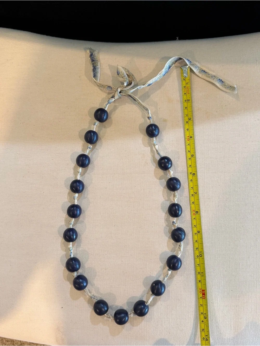 Handcrafted Navy Bead Tie Necklace with Ribbon